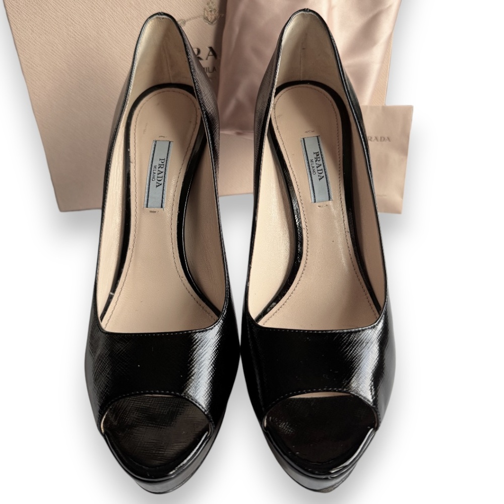 PRADA Vernice Saffiano leather peep toe platform pumps black size 39.5 - Picture 13 of 16